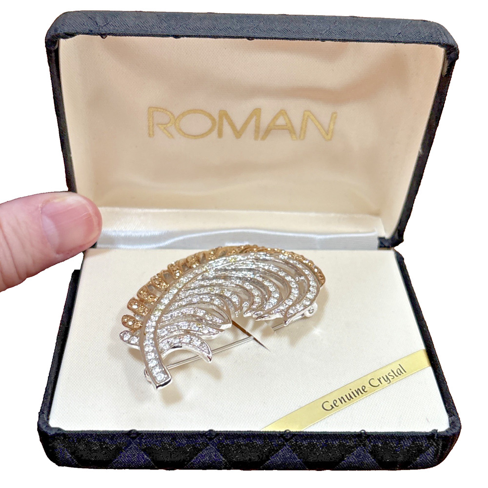 ROMAN fashion statement Brooch Silver Pin w/ Pave Rhinestones presentation box